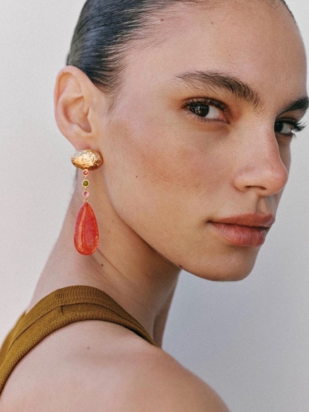 Zara Dangly Button Gold Orange Jewel Stone Teardrop Drop Lobe Earrings NWT